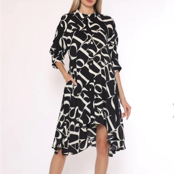 Gracia Lettering High Low Asymmetric Black White Button Down Dress size medium - Picture 1 of 10